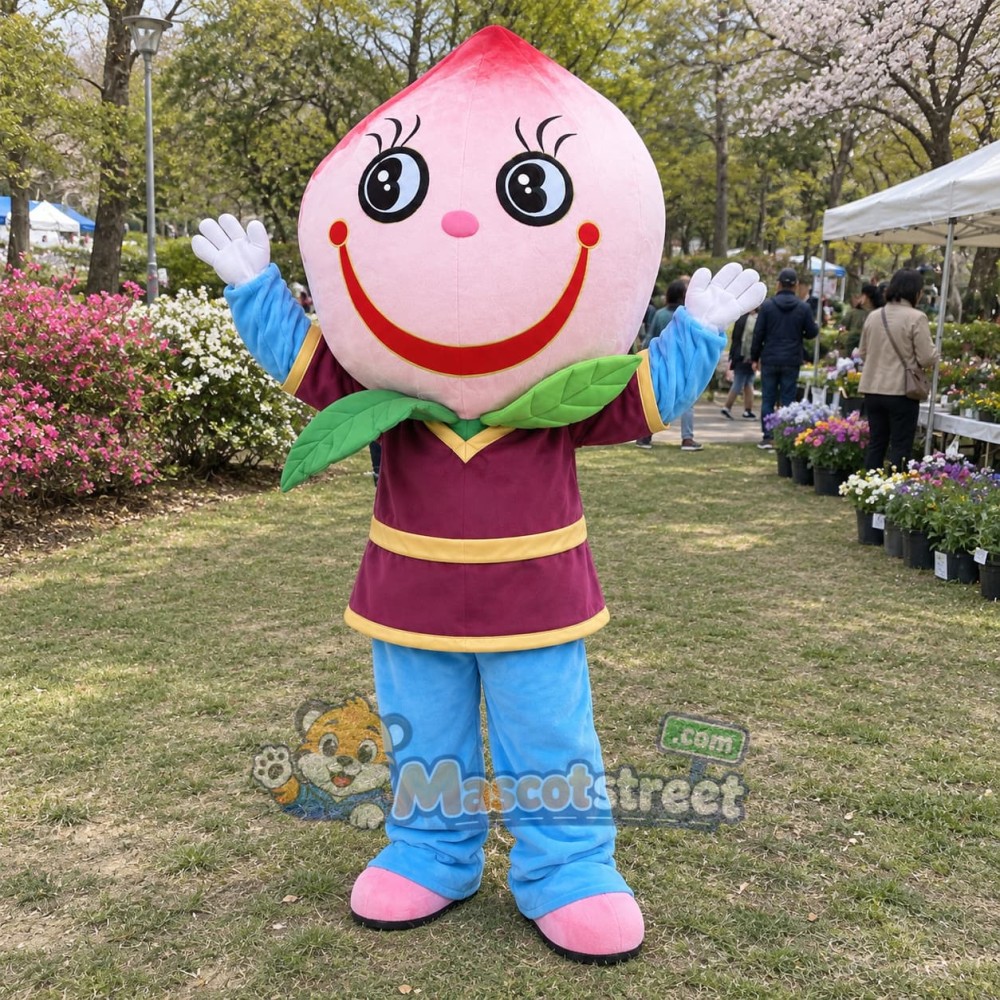 Pink Peach Mascot Costume with Purple Tunic Pink Peach Mascot Costume with Purple Tunic