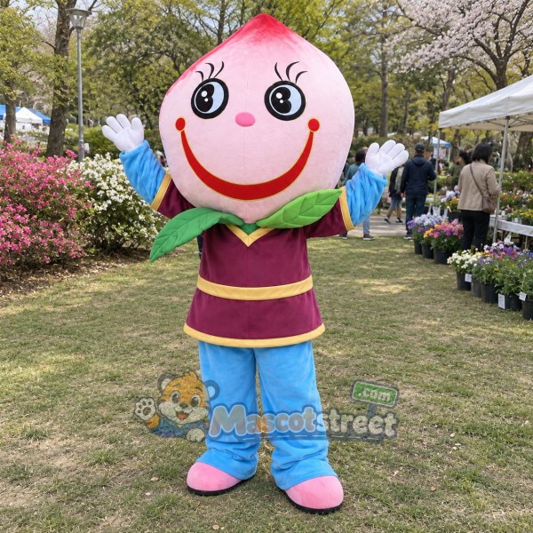 Pink Peach Mascot Costume with Purple Tunic