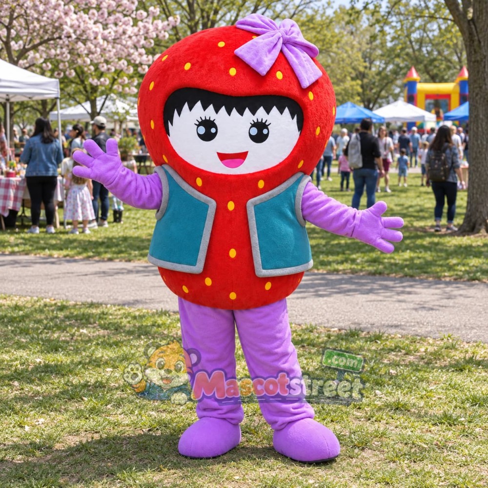 Strawberry Girl Mascot Costume with Teal Vest Strawberry Girl Mascot Costume with Teal Vest