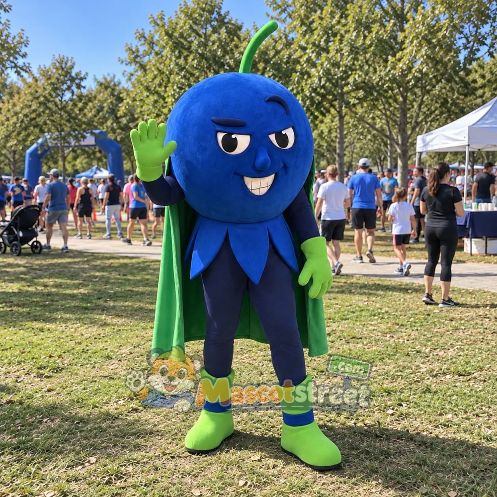 Blueberry Superhero Mascot Costume with Green Cape Blueberry Superhero Mascot Costume with Green Cape