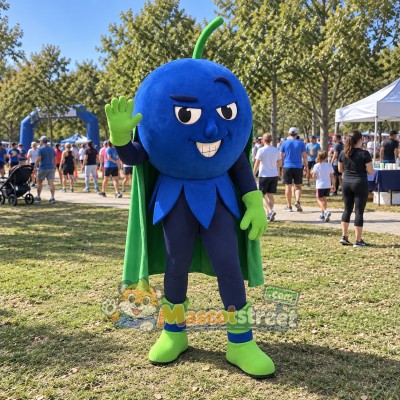 Blueberry Superhero Mascot Costume with Green Cape Blueberry Superhero Mascot Costume with Green Cape
