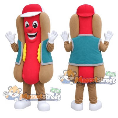 Hot Dog Mascot Costume with Teal Vest and Red Cap