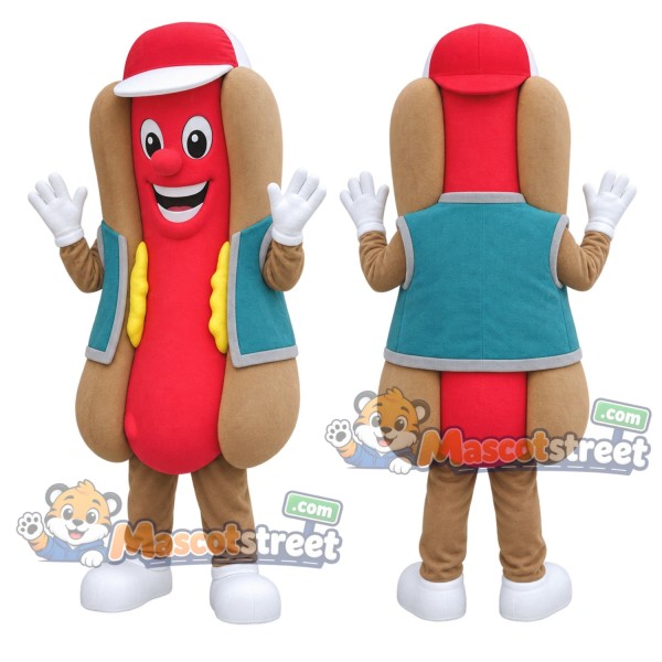 Hot Dog Mascot Costume with Teal Vest and Red Cap