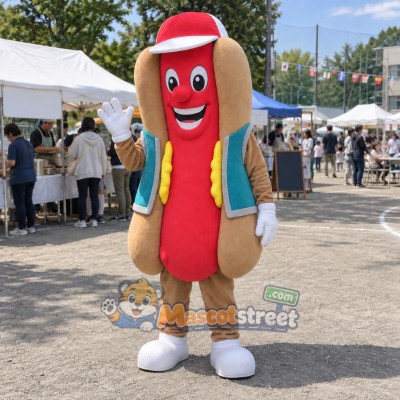 Hot Dog Mascot Costume with Teal Vest and Red Cap