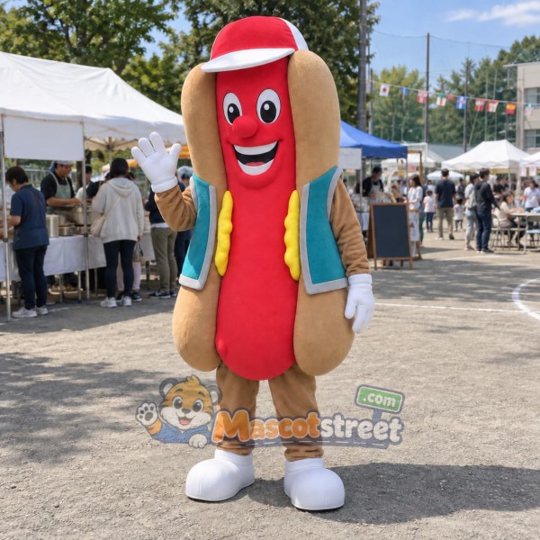 Hot Dog Mascot Costume with Teal Vest and Red Cap