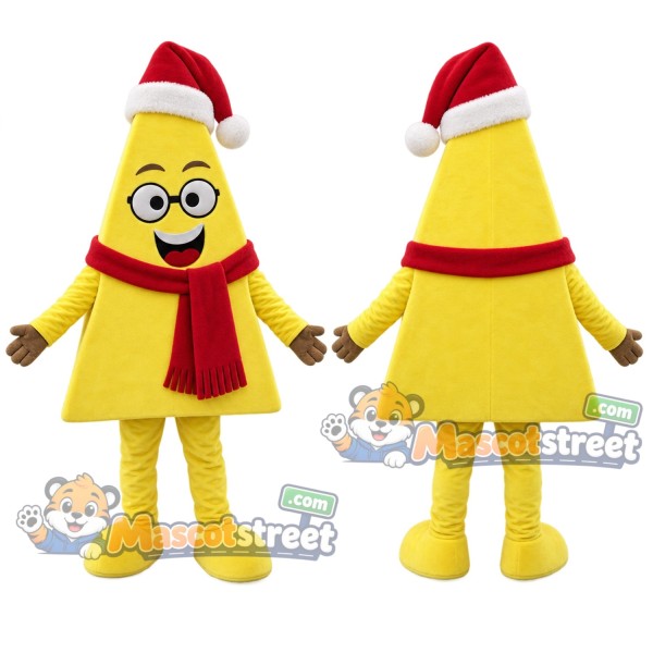 Cheese Wedge Mascot Costume with Santa Hat and Red Scarf