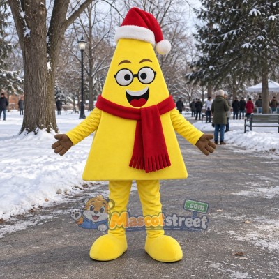 Cheese Wedge Mascot Costume with Santa Hat and Red Scarf