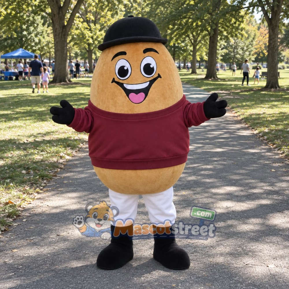 Potato Mascot Costume with Burgundy Shirt and Black Hat Potato Mascot Costume with Burgundy Shirt and Black Hat