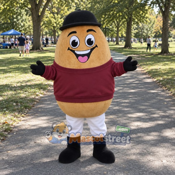 Potato Mascot Costume with Burgundy Shirt and Black Hat