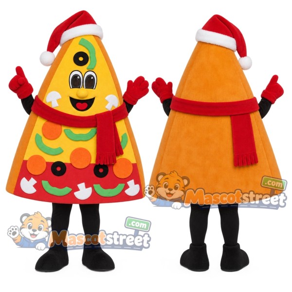 Pizza Slice Mascot Costume with Santa Hat and Red Scarf