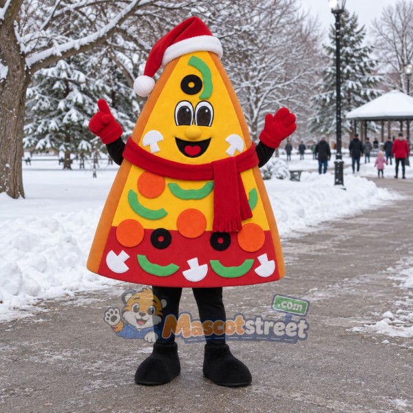 Pizza Slice Mascot Costume with Santa Hat and Red Scarf