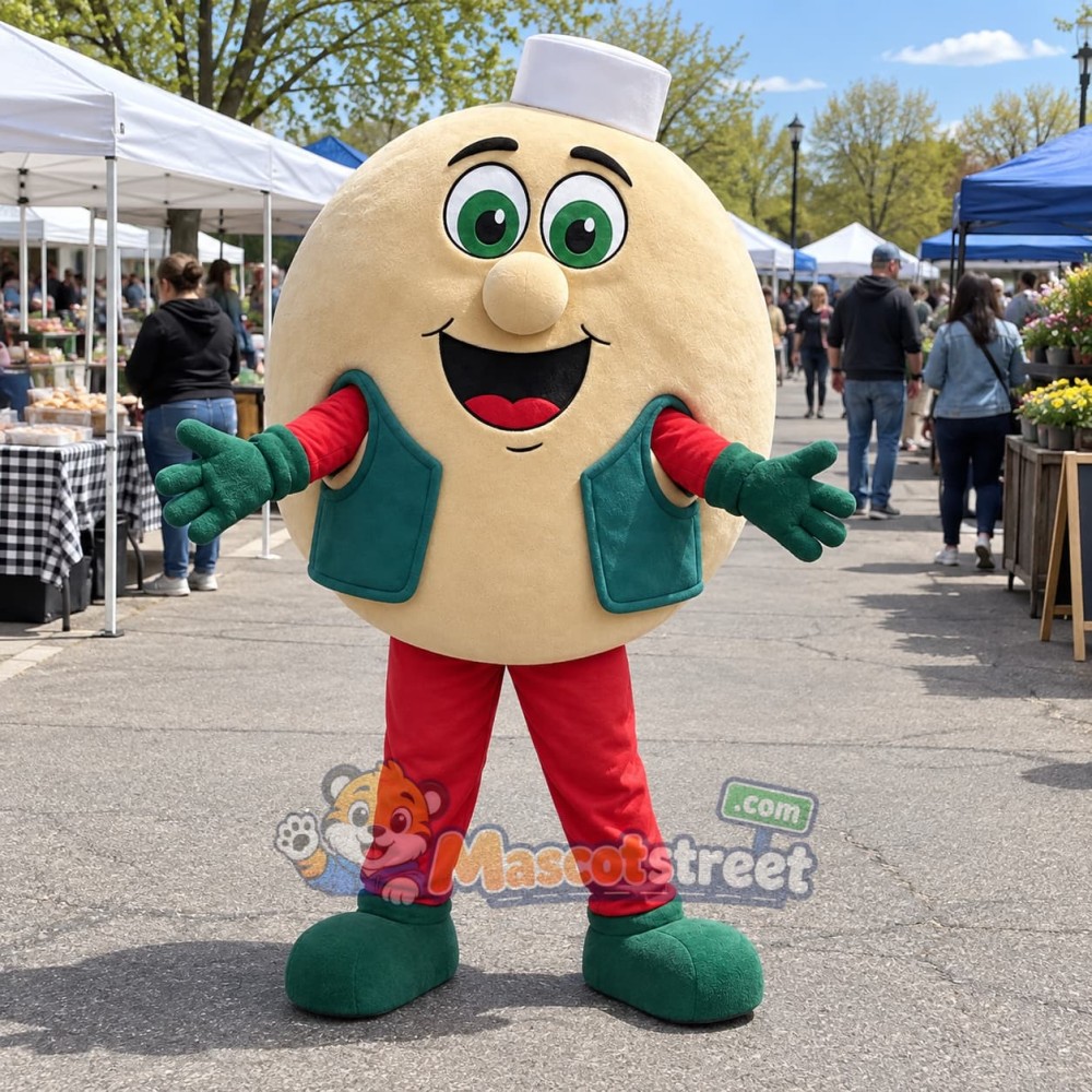 Bagel Mascot Costume with Green Jacket and White Hat Bagel Mascot Costume with Green Jacket and White Hat