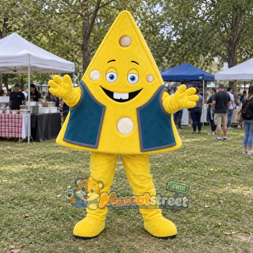 Cheese Wedge Mascot Costume with Teal Vest Cheese Wedge Mascot Costume with Teal Vest