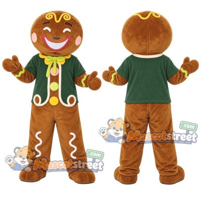 Gingerbread Cookie Mascot Costume with Green Vest Gingerbread Cookie Mascot Costume with Green Vest