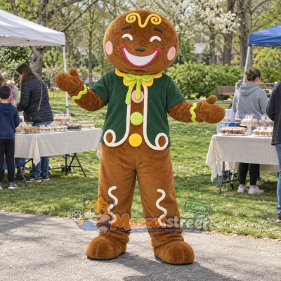 Gingerbread Cookie Mascot Costume with Green Vest Gingerbread Cookie Mascot Costume with Green Vest