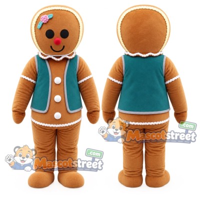 Gingerbread Cookie Mascot Costume with Teal Vest Gingerbread Cookie Mascot Costume with Teal Vest