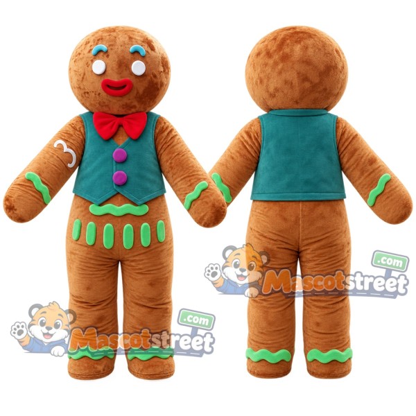 Gingerbread Cookie Mascot Costume with Teal Vest and Red Bow Tie