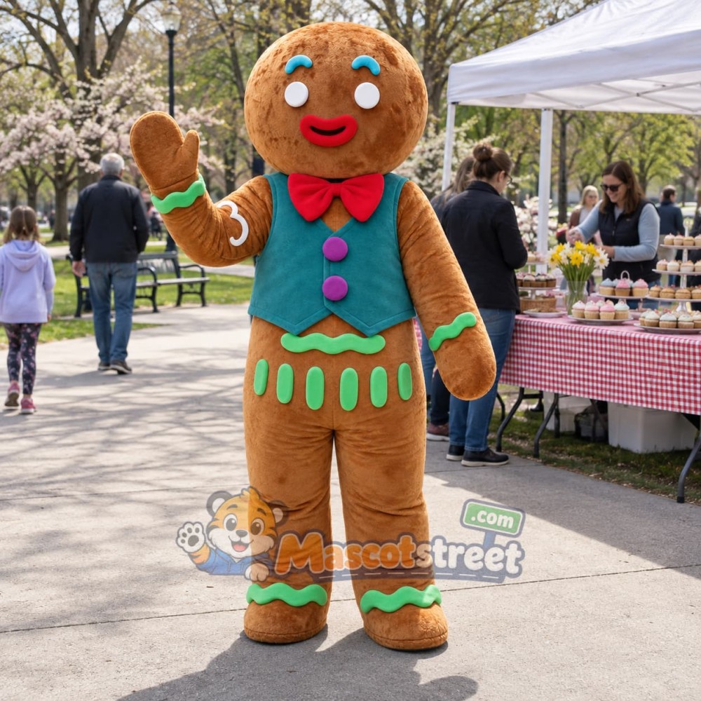 Gingerbread Cookie Mascot Costume with Teal Vest and Red Bow Tie Gingerbread Cookie Mascot Costume with Teal Vest and Red Bow Tie