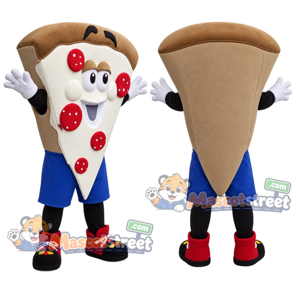 Pizza Slice Mascot Costume with Blue Shorts Pizza Slice Mascot Costume with Blue Shorts