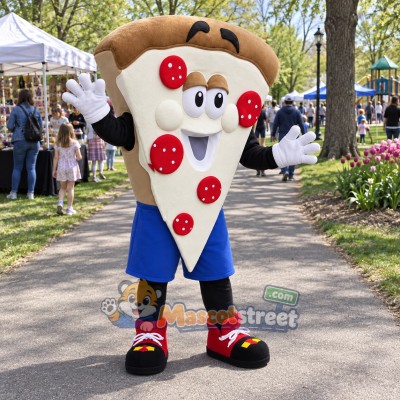 Pizza Slice Mascot Costume with Blue Shorts Pizza Slice Mascot Costume with Blue Shorts
