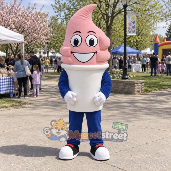 Pink Soft Serve Ice Cream Mascot Costume with Blue Shirt