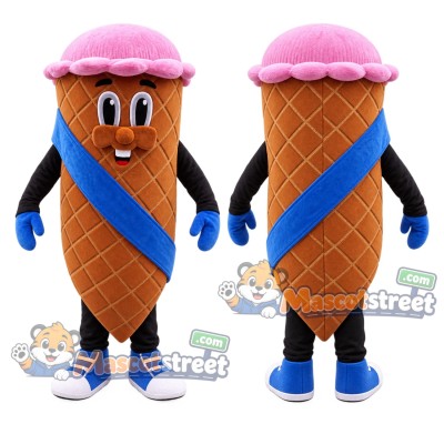 Chocolate Ice Cream Cone Mascot Costume with Blue Sash