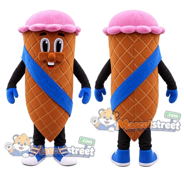 Chocolate Ice Cream Cone Mascot Costume with Blue Sash