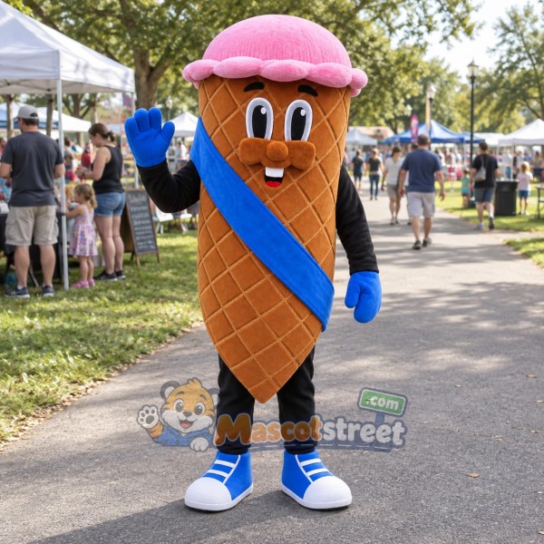 Chocolate Ice Cream Cone Mascot Costume with Blue Sash