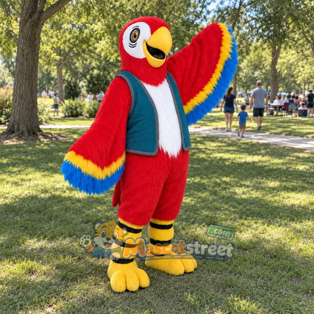 Red Parrot Mascot Costume with Teal Vest