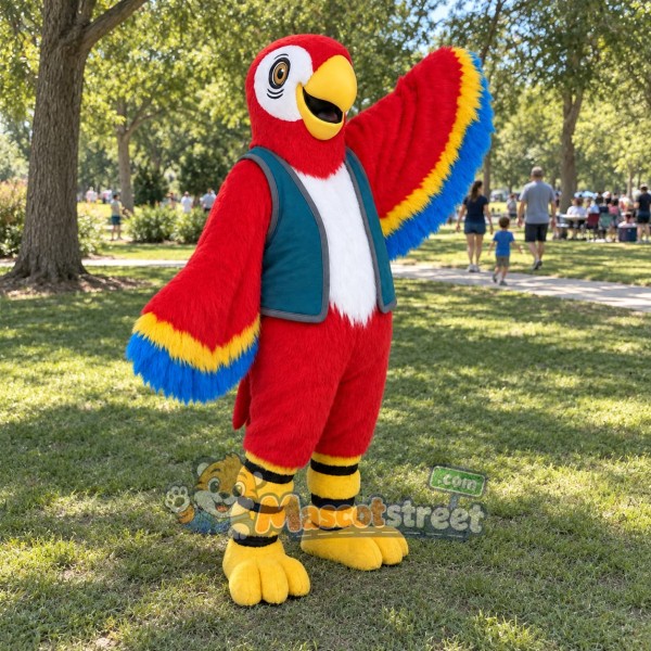 Red Parrot Mascot Costume with Teal Vest