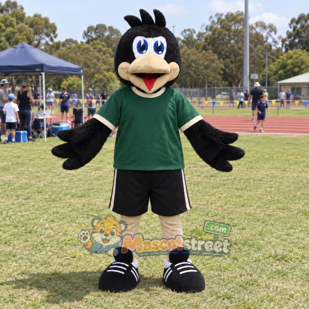 Black Crow Mascot Costume with Green Shirt