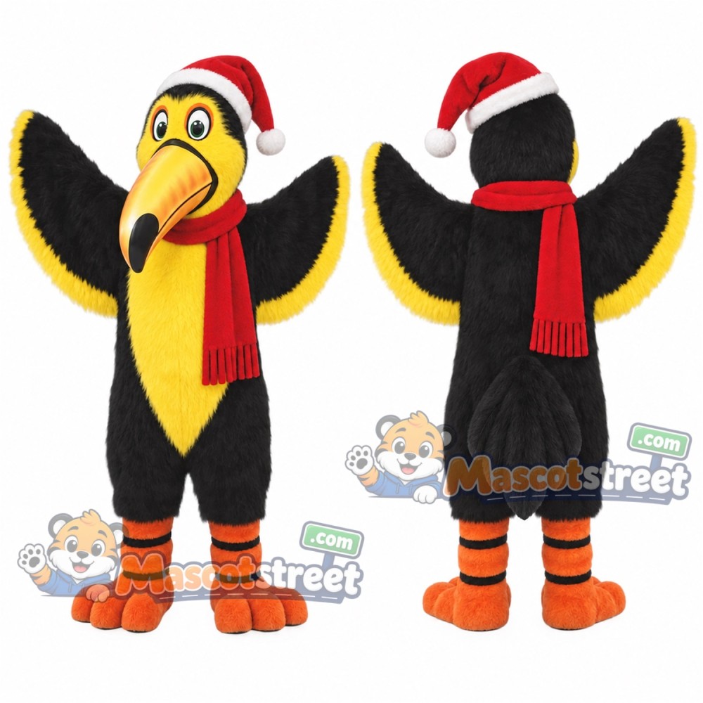 Black Toucan Mascot Costume with Santa Hat and Red Scarf Black Toucan Mascot Costume with Santa Hat and Red Scarf