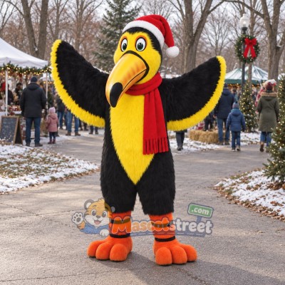 Black Toucan Mascot Costume with Santa Hat and Red Scarf Black Toucan Mascot Costume with Santa Hat and Red Scarf