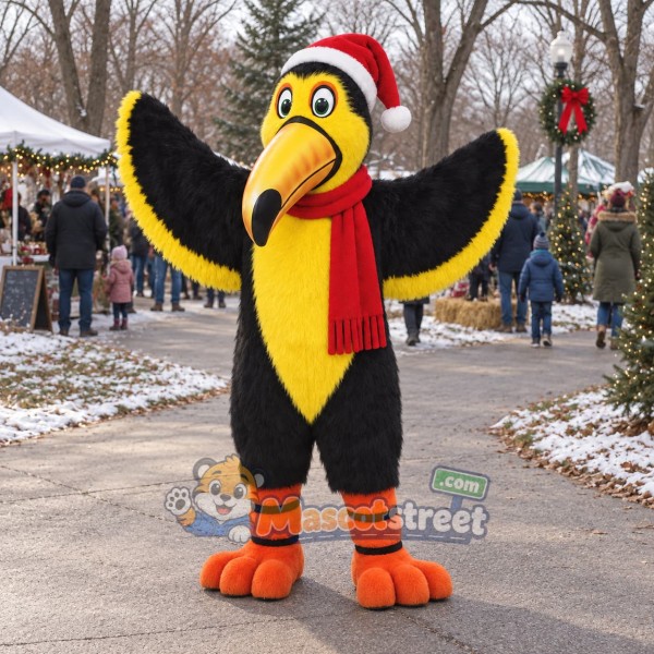 Black Toucan Mascot Costume with Santa Hat and Red Scarf