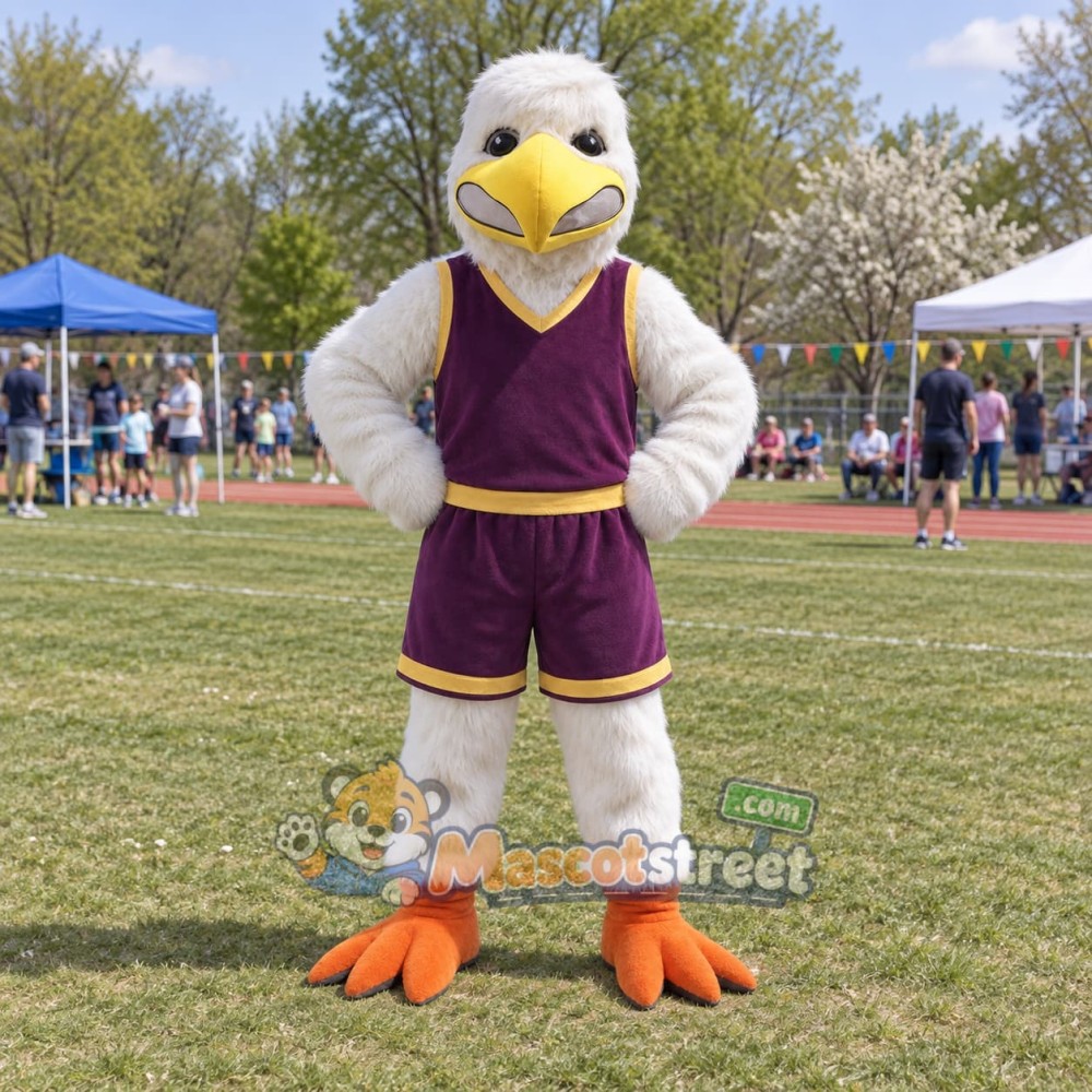 White Bird Mascot Costume with Purple Sports Uniform White Bird Mascot Costume with Purple Sports Uniform