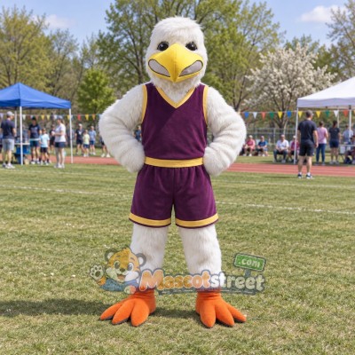 White Bird Mascot Costume with Purple Sports Uniform White Bird Mascot Costume with Purple Sports Uniform