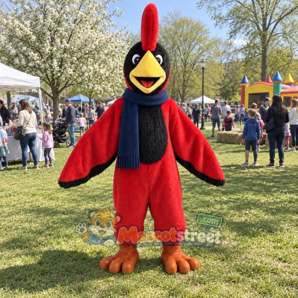 Red Woodpecker Mascot Costume with Navy Scarf