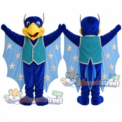 Blue Parrot Mascot Costume with Teal Vest and Star-Patterned Wings