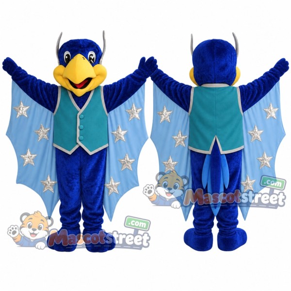 Blue Parrot Mascot Costume with Teal Vest and Star-Patterned Wings