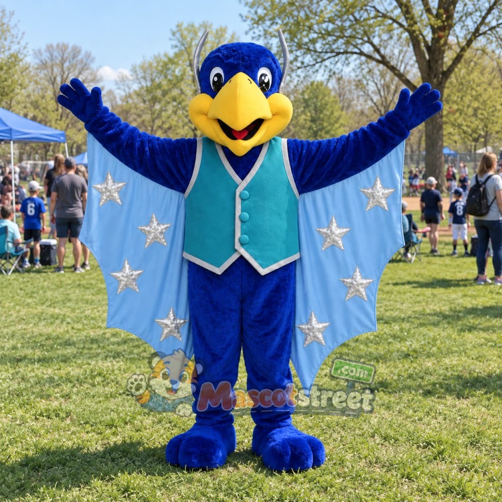 Blue Parrot Mascot Costume with Teal Vest and Star-Patterned Wings
