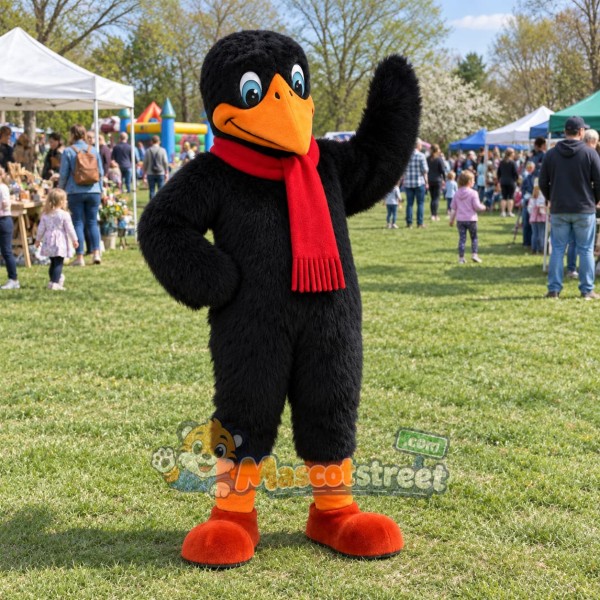 Black Bird Mascot Costume with Red Scarf