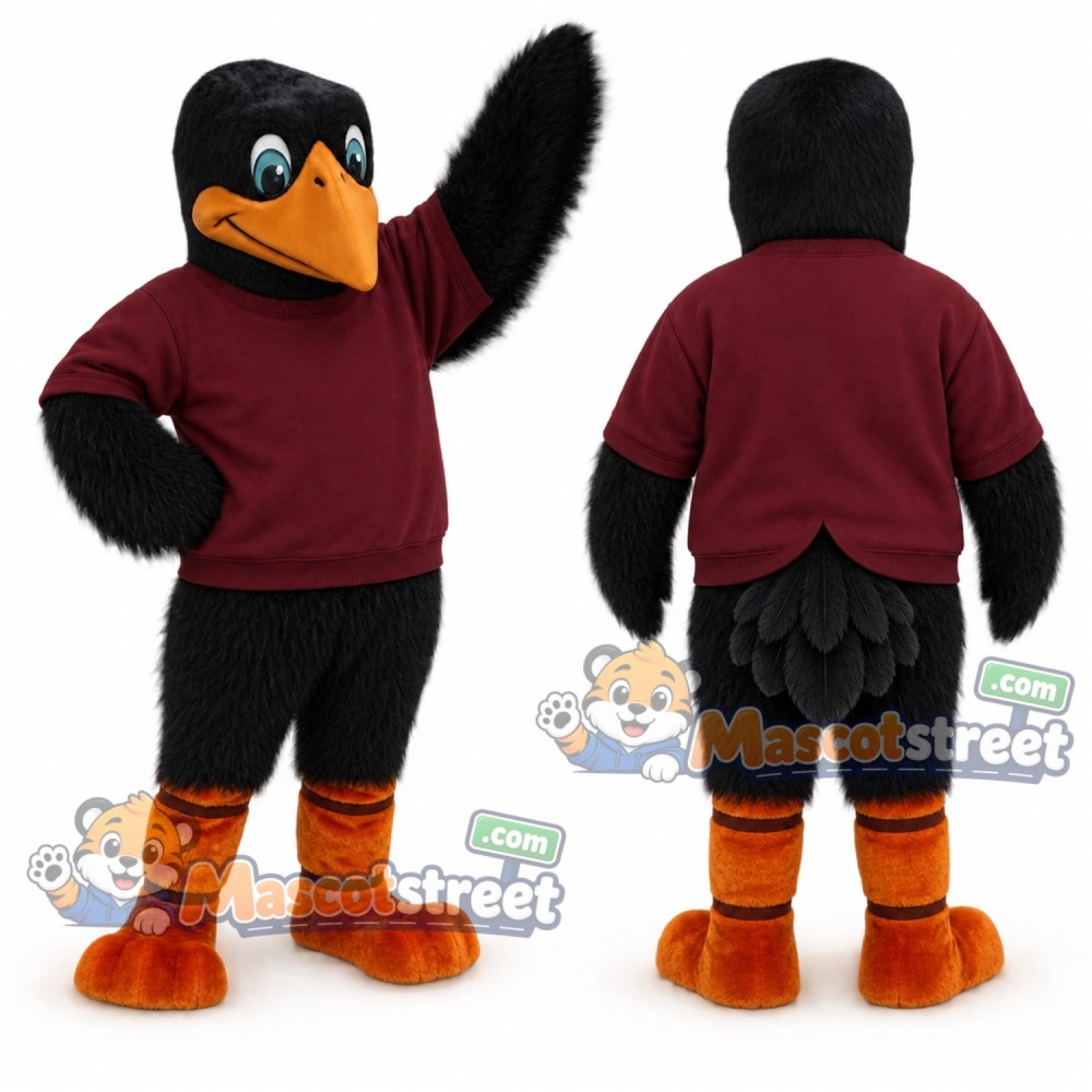 Black Crow Mascot Costume with Burgundy Sweatshirt