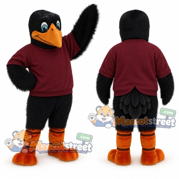 Black Crow Mascot Costume with Burgundy Sweatshirt