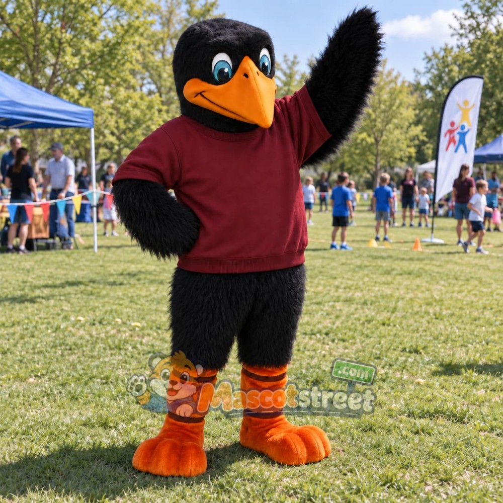 Black Crow Mascot Costume with Burgundy Sweatshirt