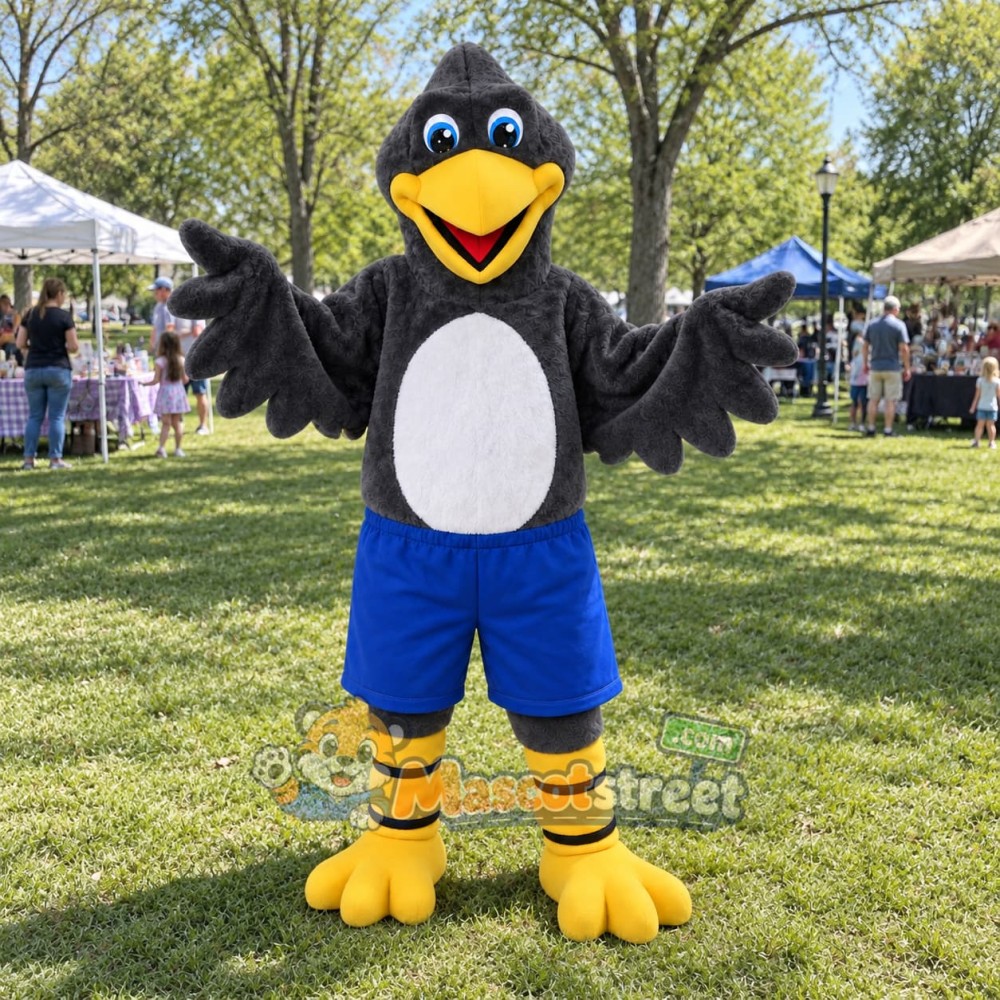 Gray Crow Mascot Costume with Blue Shorts Gray Crow Mascot Costume with Blue Shorts