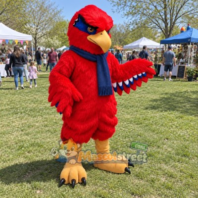 Red Hawk Mascot Costume with Blue Scarf Red Hawk Mascot Costume with Blue Scarf