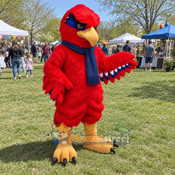 Red Hawk Mascot Costume with Blue Scarf