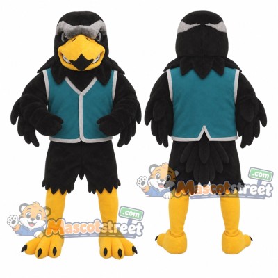 Black Eagle Mascot Costume with Teal Jacket Black Eagle Mascot Costume with Teal Jacket