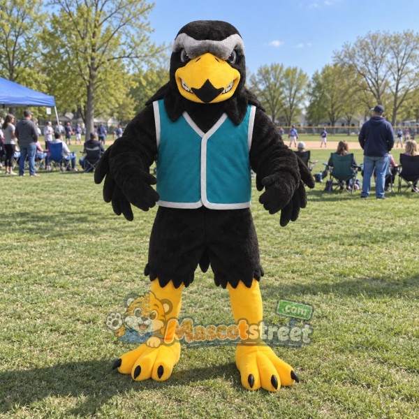 Black Eagle Mascot Costume with Teal Jacket