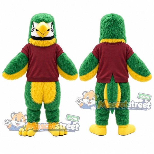 Green Parrot Mascot Costume with Burgundy Sweatshirt